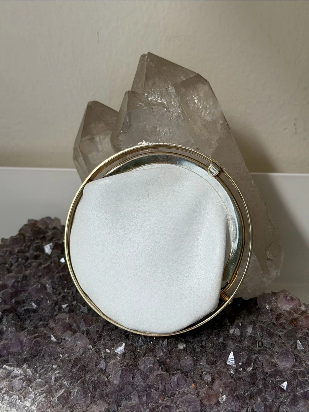 Vintage Dior 60s White Leather Circle Coin Purse with Gold Orbit Kiss Closure